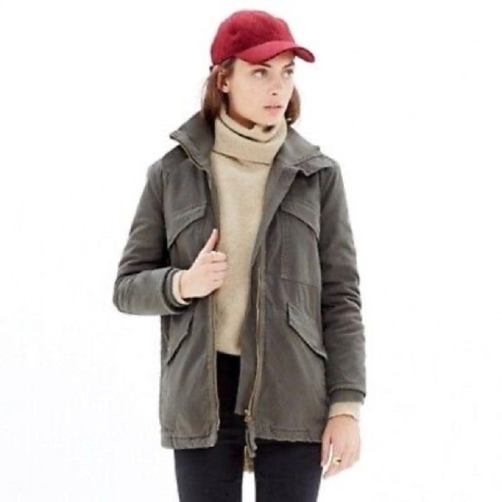 Madewell Olive Green Utility Jacket with Red Cap Styling